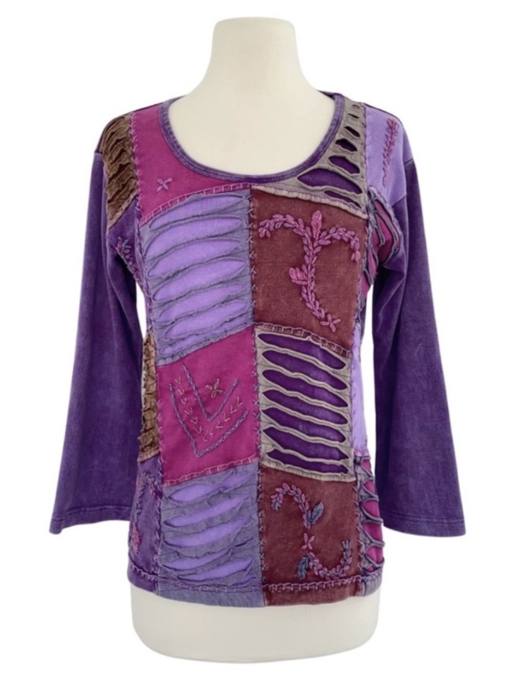 VTG Rising International Embroidered Mixed Textures Cotton Purple Top Medium